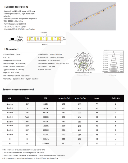 COLORS® STRIP LED 5MM PCB- 8.4W/Ml - CCT 3000°K  DC24V-CRI90-DUAL ENDS IP20- lumen RLX.5ML