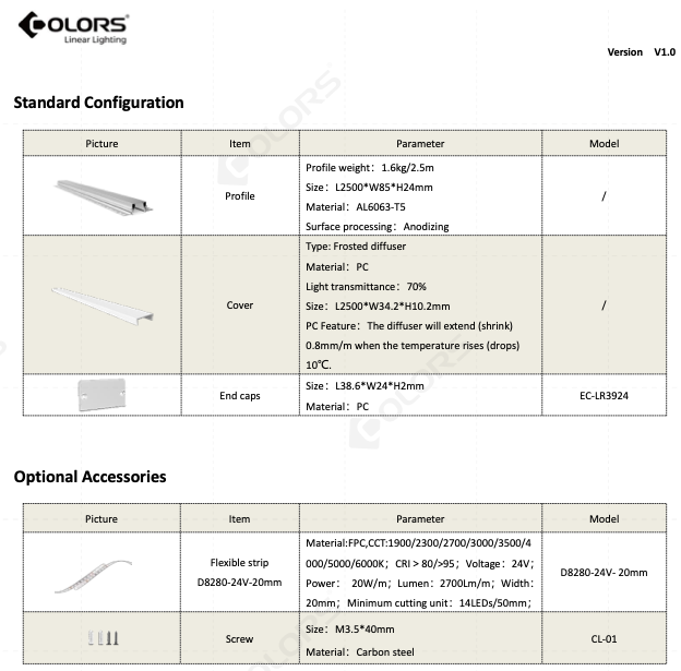 COLORS® PROFILE 2.5ML .ALU 39X24MM TRIMLESS ENCASTRE INCLUDE  DIFFUSER PC + 2PCS END CAPS