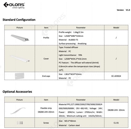 COLORS® PROFILE 2.5ML .ALU 39X24MM TRIMLESS ENCASTRE INCLUDE  DIFFUSER PC + 2PCS END CAPS