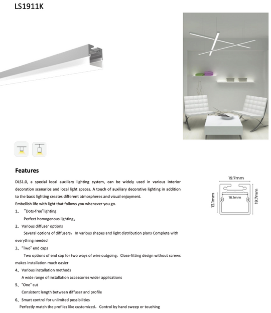 COLORS® PROFILE 2.5ML .ALU 19*11MM (PLAFOND, PENDANT) INCLU 2.5M PC FLAT DIFFUSER+ 2PCS END CAPS