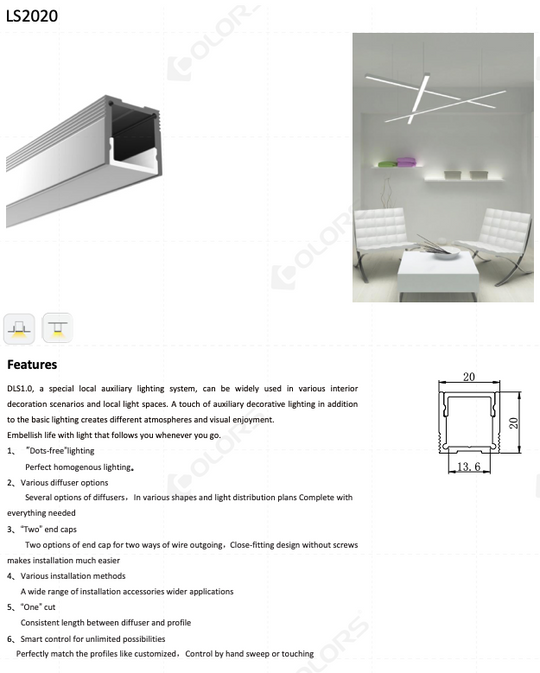 COLORS® PROFILE 2.5ML SILVER.ALU 20X20MM (PLAFOND OU TRIMLLESS) INCLU DIFFUSER PC+ 2PCS END CAPS