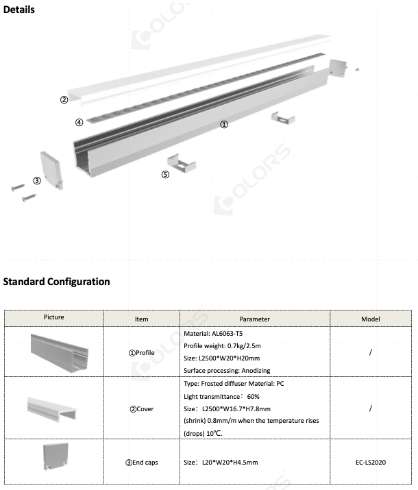 COLORS® PROFILE 2.5ML SILVER.ALU 20X20MM (PLAFOND OU TRIMLLESS) INCLU DIFFUSER PC+ 2PCS END CAPS