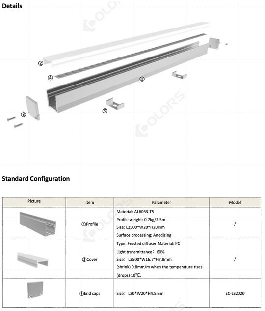 COLORS® PROFILE 2.5ML SILVER.ALU 20X20MM (PLAFOND OU TRIMLLESS) INCLU DIFFUSER PC+ 2PCS END CAPS